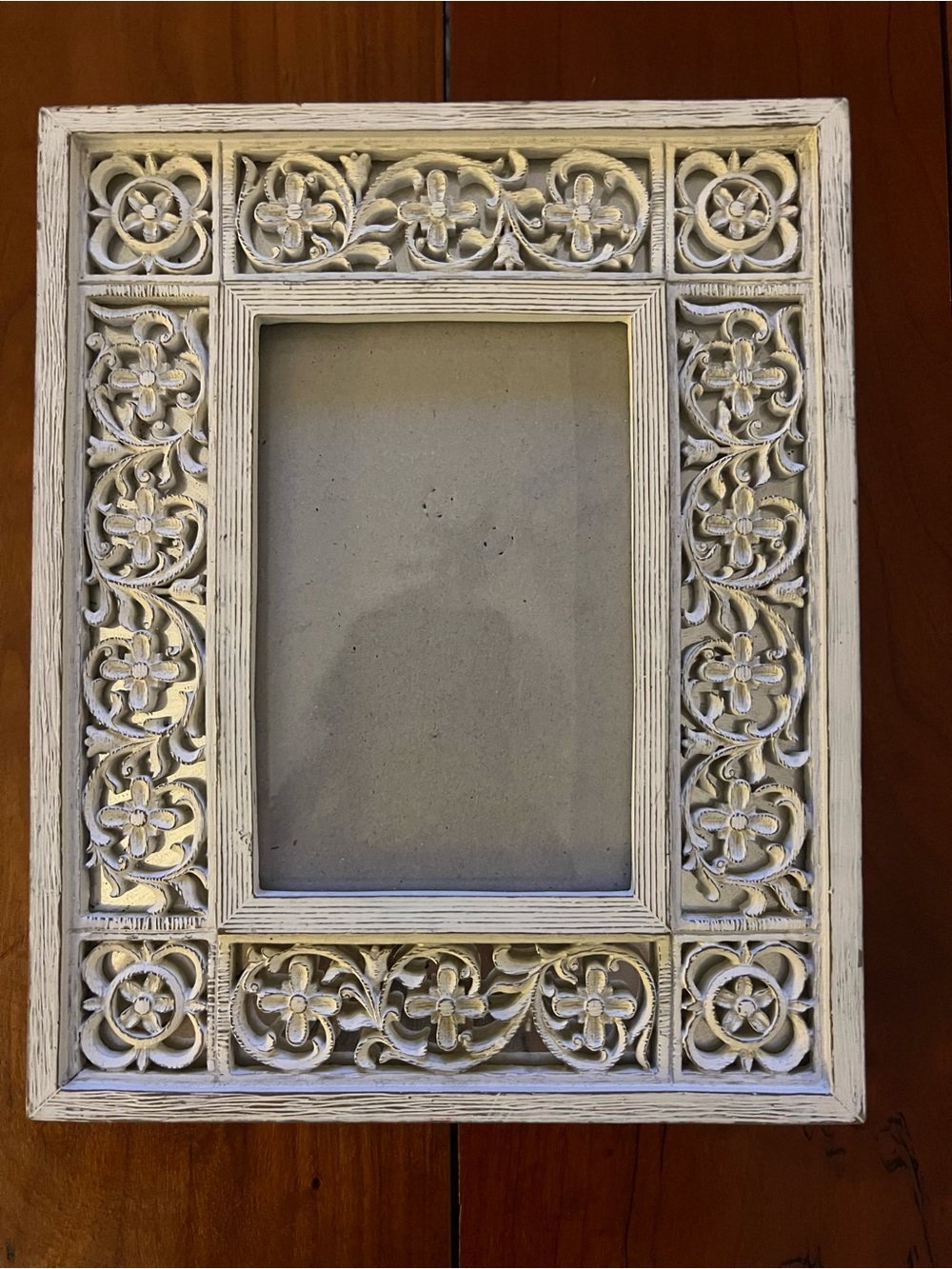 White Carved Floral Photo Frame w/ mirrored look.- Decorative Home Accent.